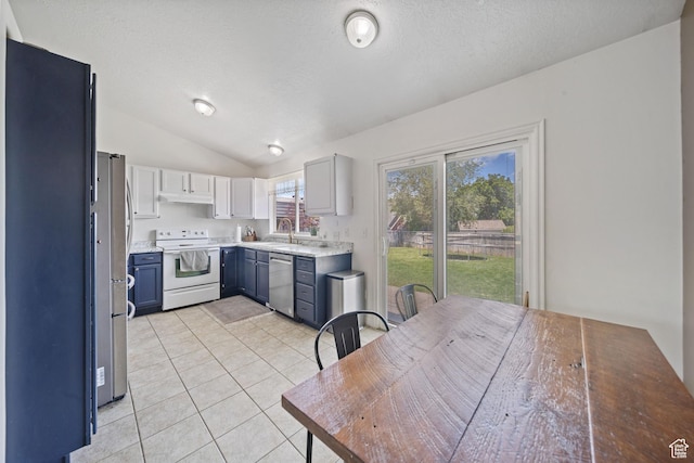 6262 W Contadora Dr S, West Valley City, UT 84128 - kitchen featuring appliances with stainless steel finishes, blue cabinetry, vaulted ceiling, light countertops, and light tile patterned flooring