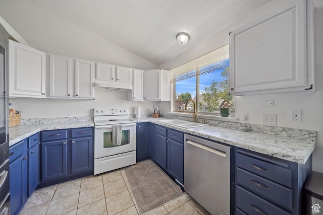 6262 W Contadora Dr S, West Valley City, UT 84128 - kitchen with white range with electric cooktop, stainless steel dishwasher, blue cabinetry, a sink, and lofted ceiling