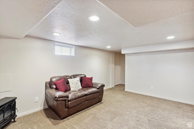 320 E 4600 S, Washington Terrace, UT 84405 - sitting room with a wood stove, carpet, a textured ceiling, recessed lighting, and baseboards