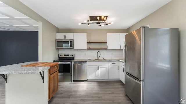 1276 W 1100 N, Salt Lake City, UT 84116 - kitchen featuring stainless steel appliances, open shelves, a sink, tasteful backsplash, and white cabinets