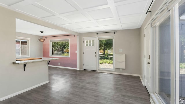 1276 W 1100 N, Salt Lake City, UT 84116 - unfurnished living room featuring baseboards, dark wood-type flooring, and coffered ceiling