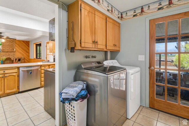 155 S 200 W, Gunnison, UT 84634 - laundry area with cabinet space, separate washer and dryer, light tile patterned floors, and a ceiling fan