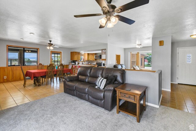 155 S 200 W, Gunnison, UT 84634 - tiled living area with ceiling fan, carpet flooring, and baseboards