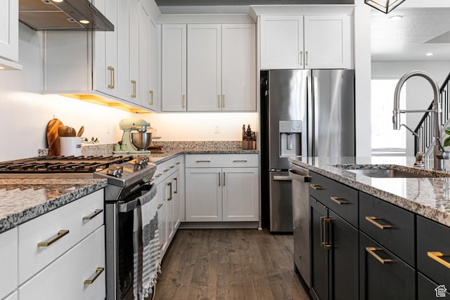 849 N Evelyn St W, Farmington, UT 84025 - kitchen featuring appliances with stainless steel finishes, ventilation hood, dark wood-style floors, white cabinets, and a sink