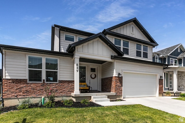 849 N Evelyn St W, Farmington, UT 84025 - craftsman-style home with board and batten siding, brick siding, a garage, concrete driveway, and a front yard