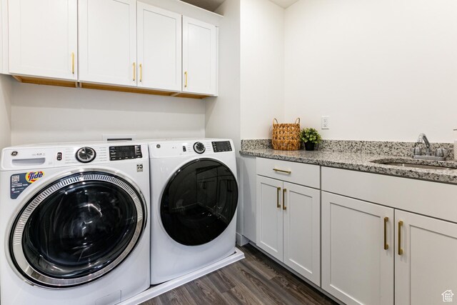 849 N Evelyn St W, Farmington, UT 84025 - laundry room with washer and dryer, cabinet space, and dark wood-style floors