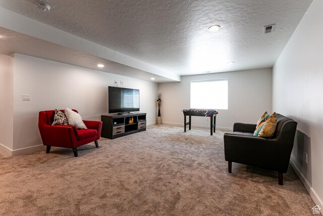 849 N Evelyn St W, Farmington, UT 84025 - living area with carpet flooring, a textured ceiling, baseboards, and recessed lighting