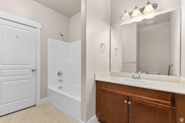 4908 W Duckhorn Dr, South Jordan, UT 84009 - full bath featuring vanity, tile patterned flooring, shower / washtub combination, and baseboards