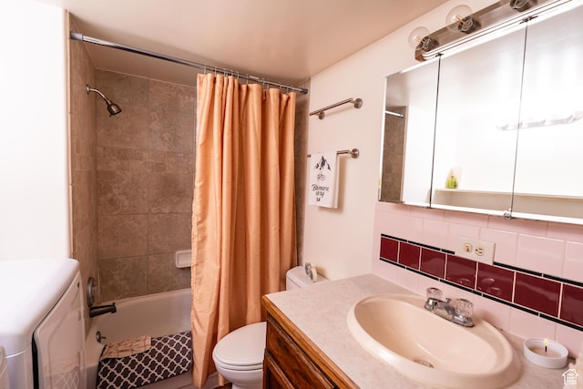 476 Cliffview Dr, Moab, UT 84532 - bathroom with toilet, shower / tub combo, vanity, washer and dryer, and backsplash