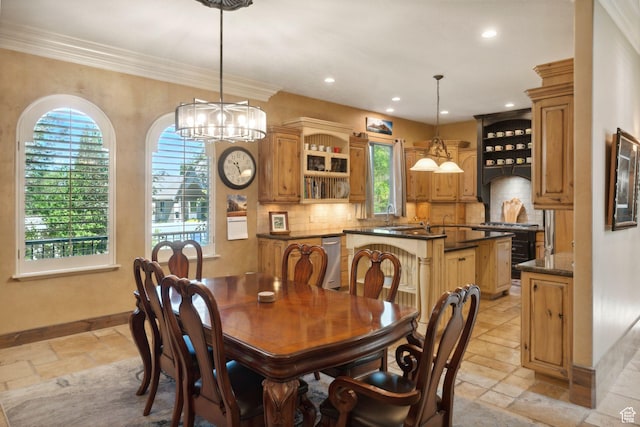 13302 S Corner Wood Dr E, Draper, UT 84020 - dining space with stone tile floors, a chandelier, recessed lighting, baseboards, and ornamental molding
