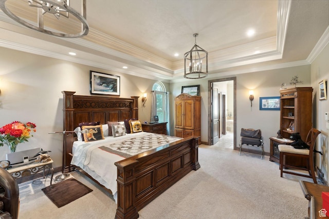 13302 S Corner Wood Dr E, Draper, UT 84020 - bedroom with light colored carpet, a raised ceiling, a chandelier, baseboards, and crown molding