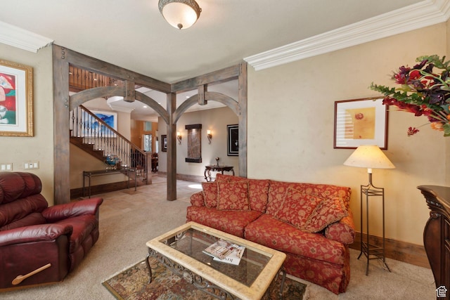 13302 S Corner Wood Dr E, Draper, UT 84020 - carpeted living room featuring arched walkways, stairs, ornamental molding, and baseboards