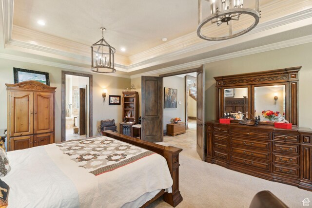 13302 S Corner Wood Dr E, Draper, UT 84020 - bedroom with a chandelier, a raised ceiling, crown molding, light carpet, and ensuite bath