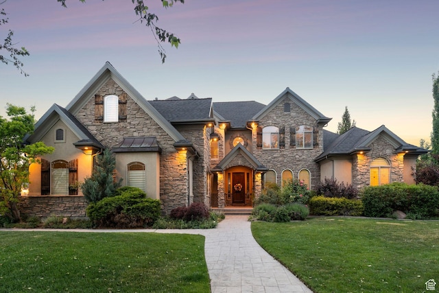 13302 S Corner Wood Dr E, Draper, UT 84020 - french country style house featuring stone siding, a yard, and stucco siding