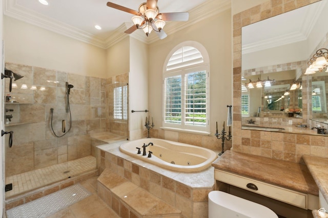 13302 S Corner Wood Dr E, Draper, UT 84020 - bathroom with a jetted tub, tiled shower, crown molding, ceiling fan, and vanity