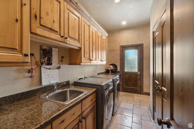 13302 S Corner Wood Dr E, Draper, UT 84020 - laundry area with cabinet space, washing machine and clothes dryer, stone tile flooring, recessed lighting, and a textured ceiling