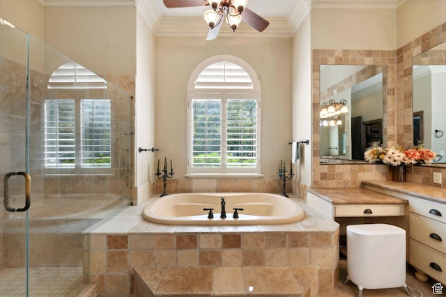 13302 S Corner Wood Dr E, Draper, UT 84020 - full bathroom with crown molding, a garden tub, a ceiling fan, a stall shower, and vanity