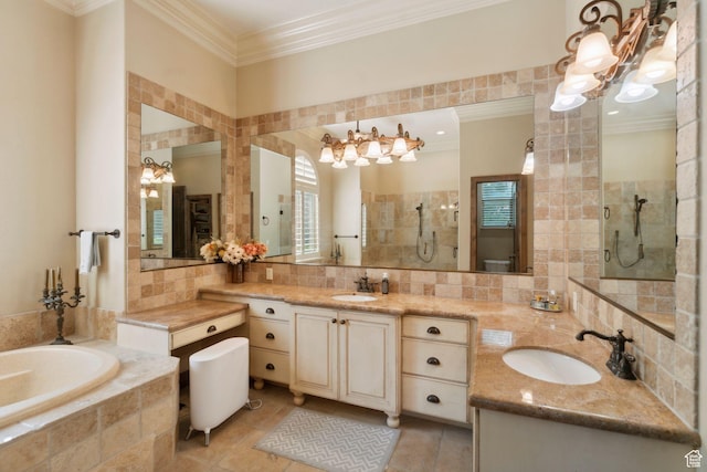 13302 S Corner Wood Dr E, Draper, UT 84020 - full bath with a chandelier, crown molding, a garden tub, vanity, and a tile shower