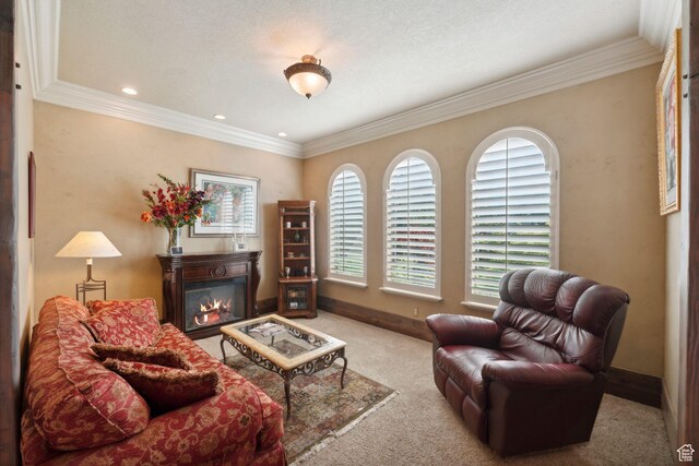 13302 S Corner Wood Dr E, Draper, UT 84020 - carpeted living room with a glass covered fireplace, baseboards, crown molding, and recessed lighting