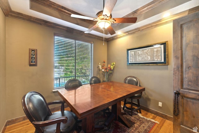 13302 S Corner Wood Dr E, Draper, UT 84020 - dining space featuring a ceiling fan, baseboards, wood finished floors, ornamental molding, and a desk
