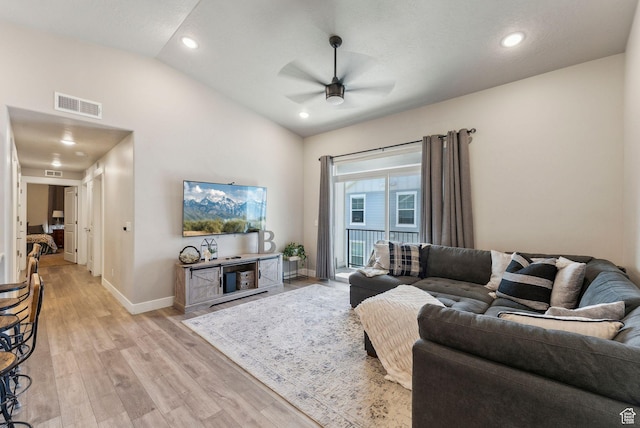 1128 S 820 E Unit 3301, Heber City, UT 84032 - living area with ceiling fan, lofted ceiling, baseboards, light wood-style floors, and recessed lighting