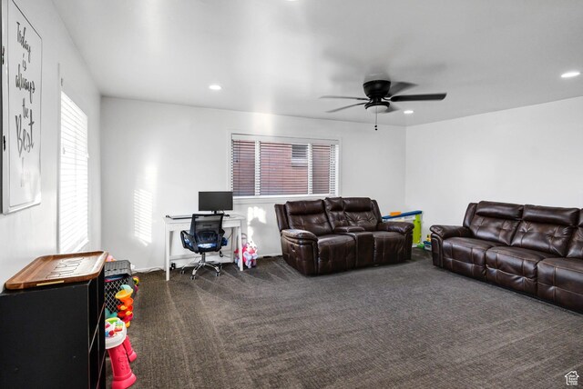 345 W 300 N, Richfield, UT 84701 - living room with dark carpet, ceiling fan, and recessed lighting