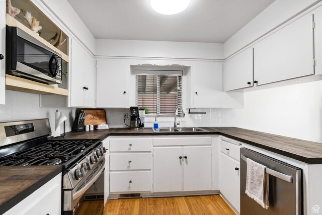 345 W 300 N, Richfield, UT 84701 - kitchen with appliances with stainless steel finishes, a sink, backsplash, white cabinetry, and light wood finished floors
