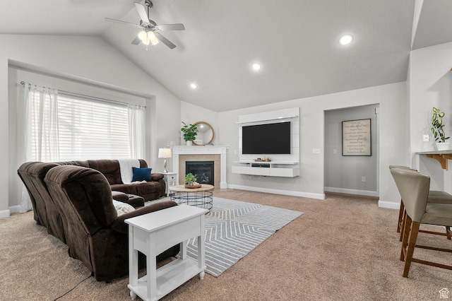 742 W 130 S Unit D, Pleasant Grove, UT 84062 - carpeted living room featuring lofted ceiling, ceiling fan, a tile fireplace, recessed lighting, and baseboards
