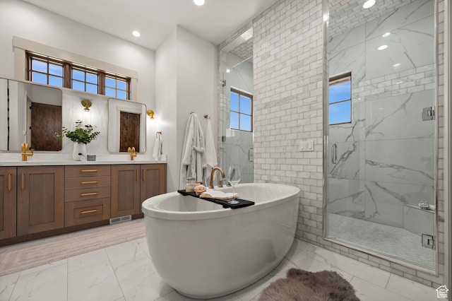 113 N Haystack Mountain Dr Unit 2, Heber City, UT 84032 - bathroom featuring marble look tile flooring, a marble finish shower, double vanity, recessed lighting, and a soaking tub