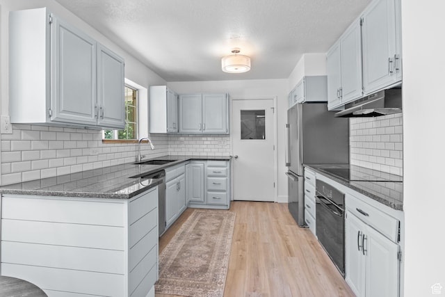 2858 S 50 W, Bountiful, UT 84010 - kitchen featuring oven, a sink, under cabinet range hood, light wood-type flooring, and tasteful backsplash