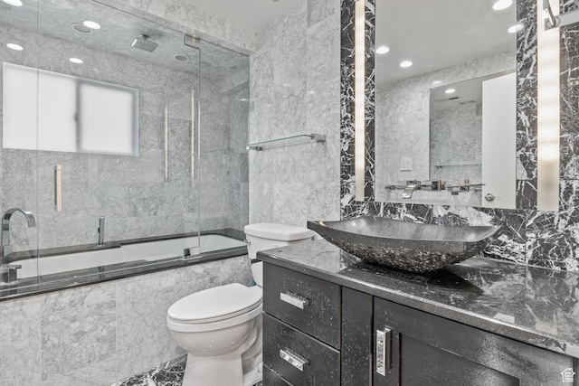 2858 S 50 W, Bountiful, UT 84010 - full bath with toilet, a combined bath / shower with rainfall shower, recessed lighting, vanity, and marble finish flooring
