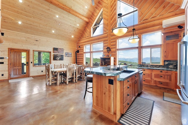 1551 Tree Top Ln Unit 360, Heber City, UT 84032 - kitchen with high vaulted ceiling, a sink, a wall mounted air conditioner, finished concrete floors, and rustic walls