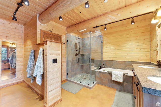 1551 Tree Top Ln Unit 360, Heber City, UT 84032 - full bathroom with track lighting, wood ceiling with exposed beams, a bath, wood walls, and a shower stall