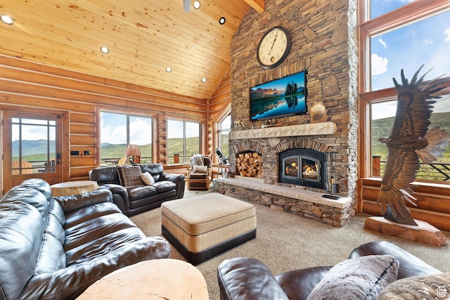 1551 Tree Top Ln Unit 360, Heber City, UT 84032 - living area featuring wood ceiling, high vaulted ceiling, carpet floors, log walls, and recessed lighting