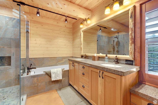 1551 Tree Top Ln Unit 360, Heber City, UT 84032 - bathroom with wooden ceiling with exposed beams, double vanity, a garden tub, a stall shower, and rail lighting