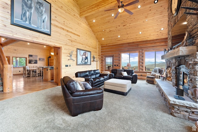1551 Tree Top Ln Unit 360, Heber City, UT 84032 - carpeted living area with high vaulted ceiling, ceiling fan, a fireplace, recessed lighting, and wooden ceiling