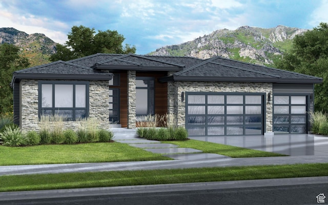 713 E 1450 N, Orem, UT 84097 - view of front of property with stone siding, an attached garage, concrete driveway, and a mountain view