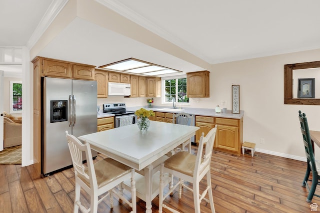 1502 W Cornerstone Dr, South Jordan, UT 84095 - kitchen featuring appliances with stainless steel finishes, a sink, light wood-style floors, light countertops, and crown molding