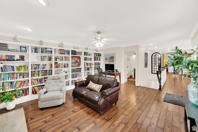 1502 W Cornerstone Dr, South Jordan, UT 84095 - living room with ornamental molding, a ceiling fan, hardwood / wood-style floors, and recessed lighting