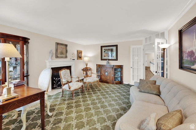 1502 W Cornerstone Dr, South Jordan, UT 84095 - living room featuring crown molding, a fireplace with flush hearth, and carpet flooring