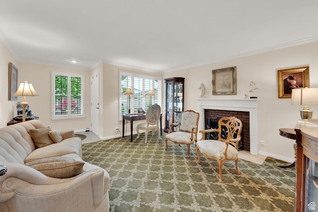 1502 W Cornerstone Dr, South Jordan, UT 84095 - living room featuring a fireplace, crown molding, and baseboards