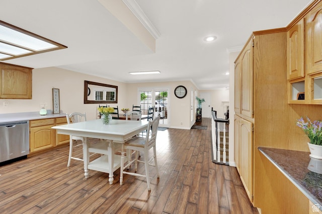1502 W Cornerstone Dr, South Jordan, UT 84095 - kitchen featuring dishwasher, wood finished floors, ornamental molding, light brown cabinetry, and recessed lighting