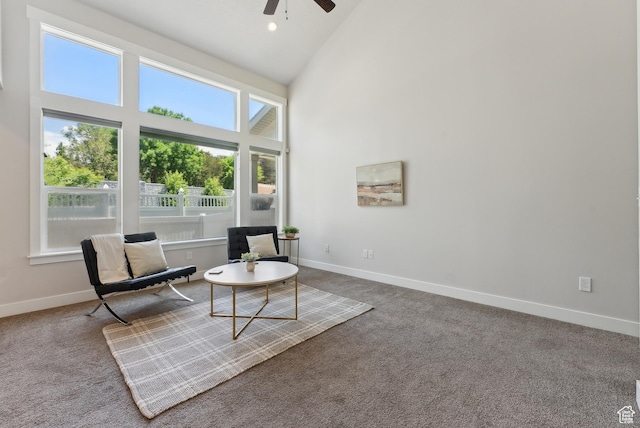 4269 S Haven Park Way, Holladay, UT 84124 - sitting room with high vaulted ceiling, a ceiling fan, carpet floors, and baseboards