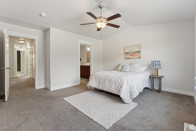 4269 S Haven Park Way, Holladay, UT 84124 - carpeted bedroom featuring vaulted ceiling, baseboards, a ceiling fan, and ensuite bath
