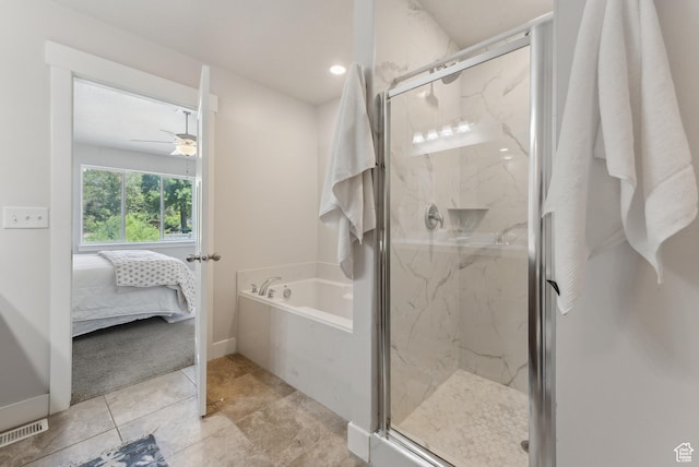 4269 S Haven Park Way, Holladay, UT 84124 - ensuite bathroom with a garden tub, a marble finish shower, a ceiling fan, and tile patterned flooring