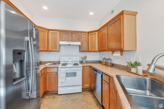 14069 S Rutherford Ave W, Bluffdale, UT 84065 - kitchen featuring stainless steel appliances, a sink, under cabinet range hood, light countertops, and recessed lighting