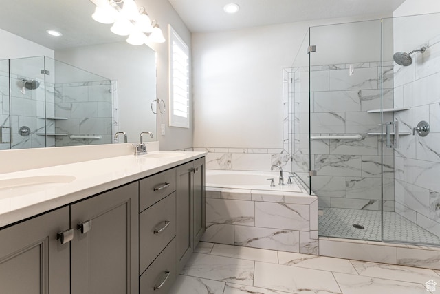 1065 S 425 W, Farmington, UT 84025 - bathroom featuring a garden tub, a stall shower, double vanity, marble look tiles, and recessed lighting