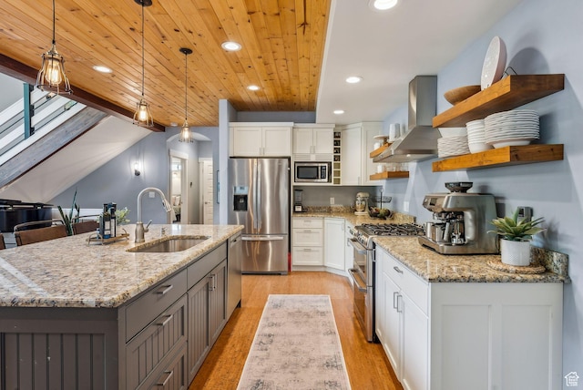 705 Parkview Dr, Summit Park, UT 84098 - kitchen featuring stainless steel appliances, a sink, wall chimney exhaust hood, open shelves, and recessed lighting