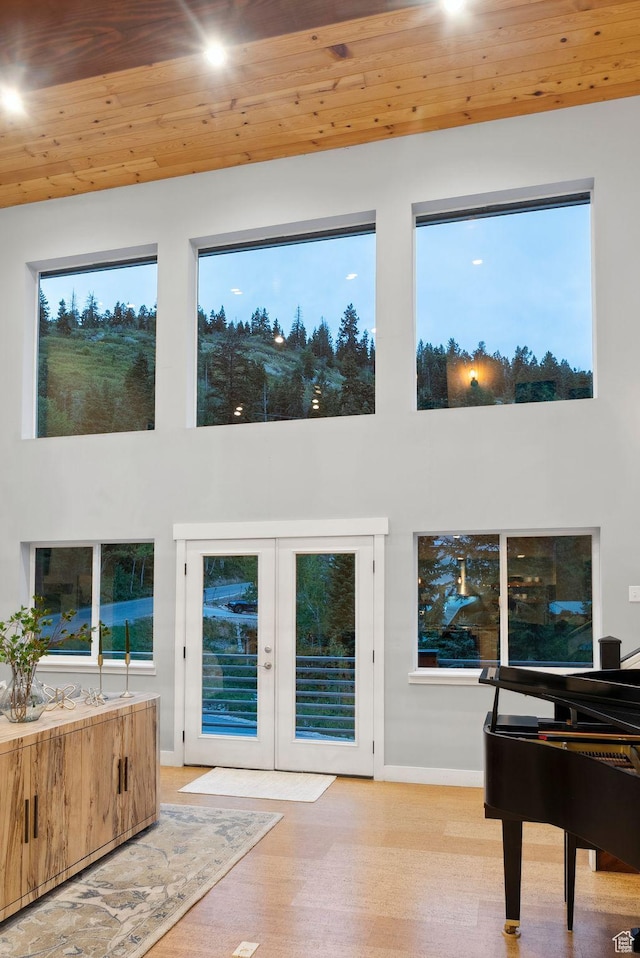 705 Parkview Dr, Summit Park, UT 84098 - sitting room featuring wood ceiling, baseboards, french doors, and a high ceiling