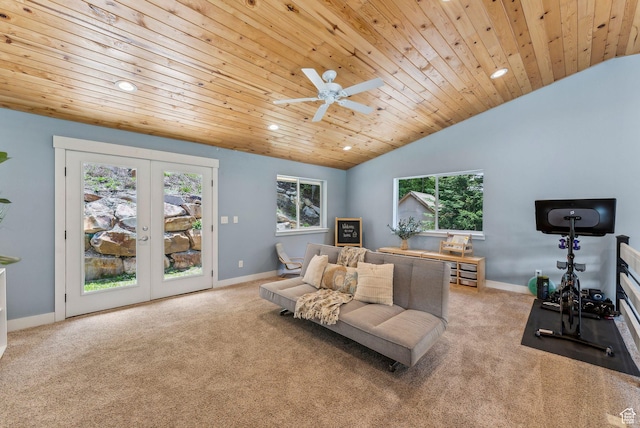 705 Parkview Dr, Summit Park, UT 84098 - living area with carpet flooring, french doors, recessed lighting, wooden ceiling, and vaulted ceiling
